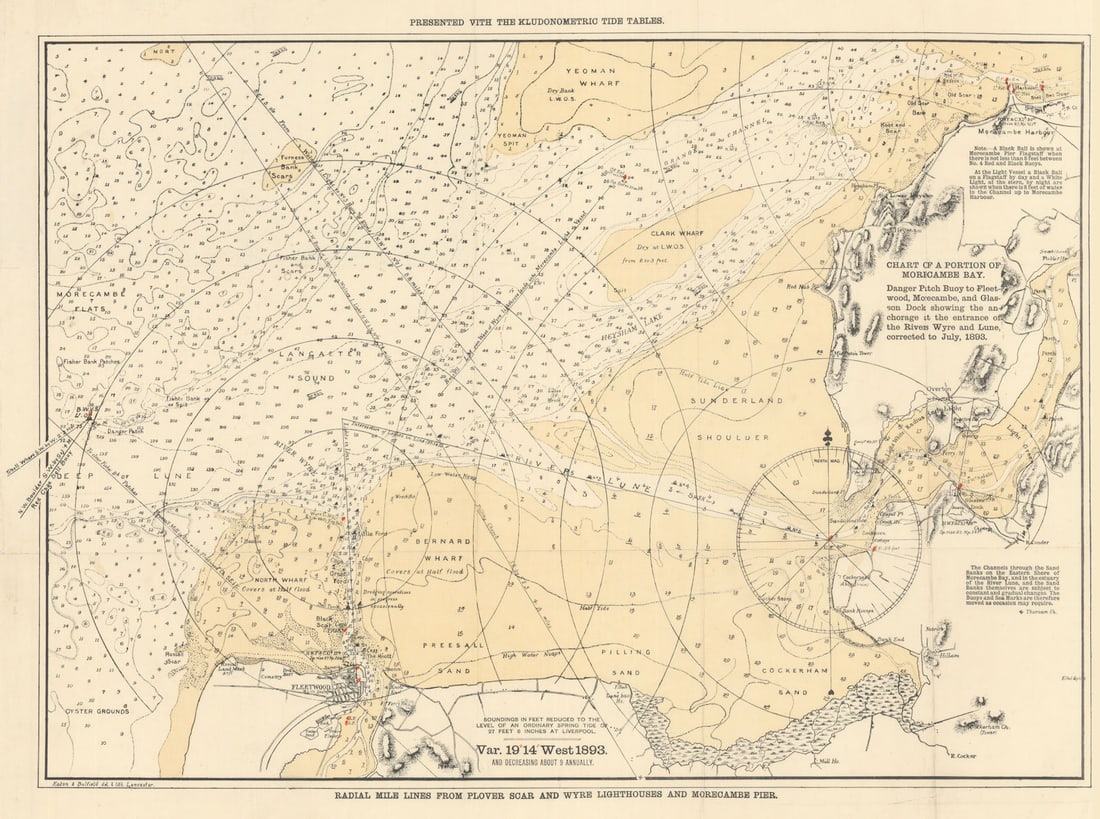 Chart of a portion of Morecambe Bay. Wyre & Lune. Eaton & Bulfield 1893 map: Chart of a portion of Morecambe Bay. Danger Patch Buoy to Fleetwood, Morecambe, and Glasson Dock, showing the anchorage at the entrance of the Rivers Wyre and Lune, corrected to July, 1893.'. Eaton &