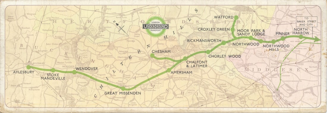 Metropolitan Line Aylesbury branch carriage diagram. Metroland 1937 old map: [Metropolitan Line Carriage diagram Print Code 37.4607.3,000] by London Transport. Published 1937. Vintage original London Underground Carriage Diagram. Size 21 x 62 cm | 8.5 x 24.0 inches. Condition: