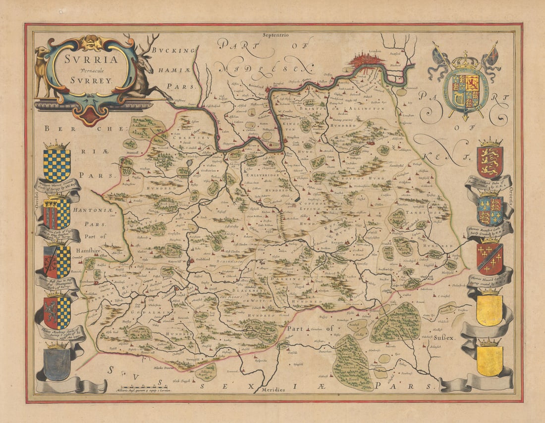 Surria Vernacule Surrey. Decorative county map by Blaeu after John Speed 1647: Surria Vernacule Surrey'. Joan/Johannes Blaeu after John Speed. Published 1647. Original large folio 17th century hand coloured antique map with wide margins. Size 43 x 55 cm | 16.5 x 21.5 inches. Con