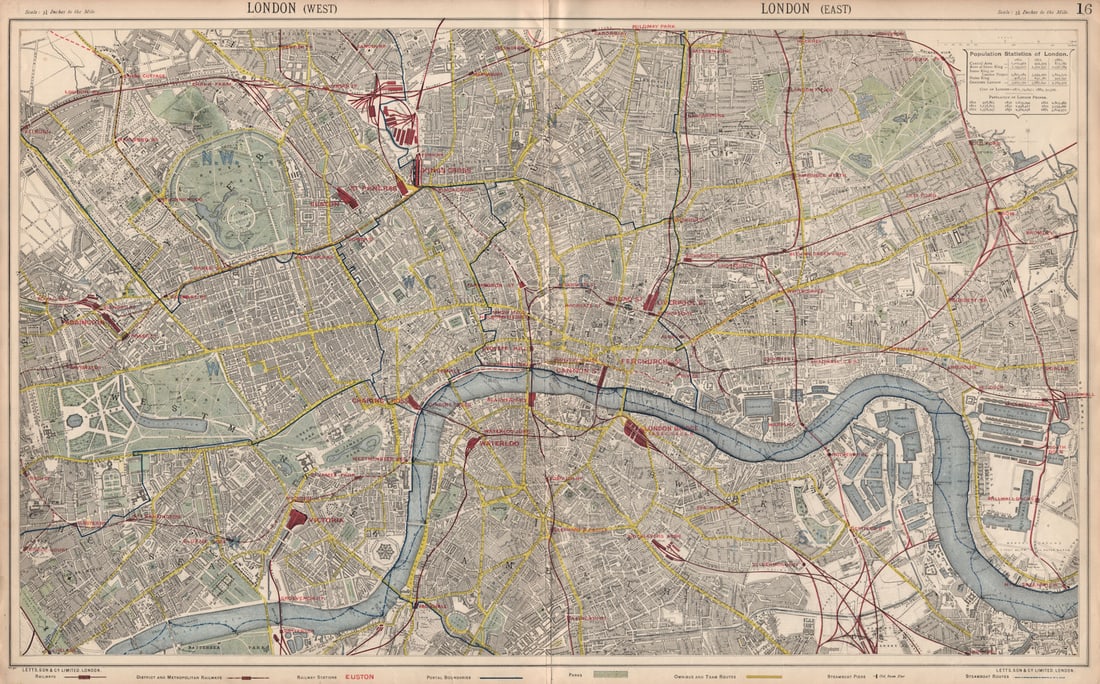 LONDON town city plan. Underground railways stations bus routes. LETTS 1889 map: London (West), London (East)'. The map shows the early underground lines as well as mainline railways and stations, bus and tram routes, steamboat piers and routes on the Thames, and postal districts.