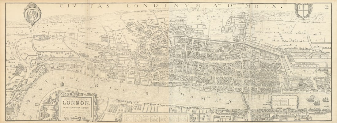 London in the reign of Queen Elizabeth' after Agas' 1560 map. WELLER 1863: London in the reign of Queen Elizabeth'. A reduced version of one of the earliest plans of London, attributed to Ralph Agas, although it is unlikely that he actually produced the original map. The bui
