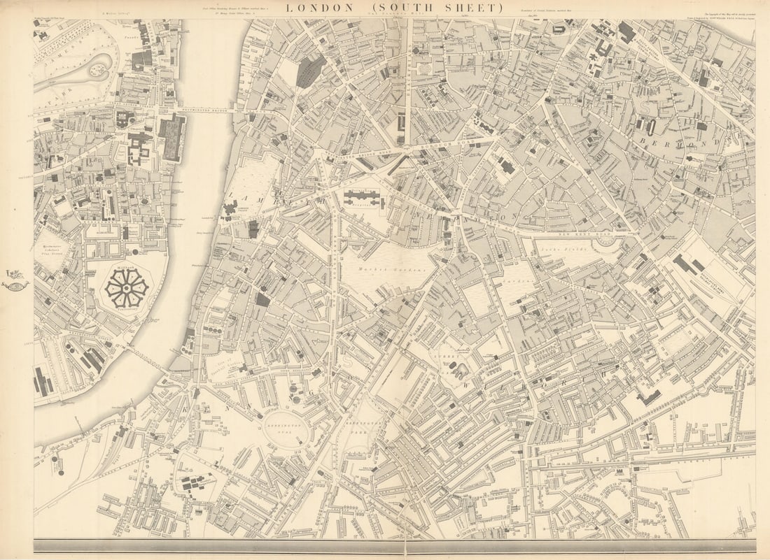 CASSELLS LONDON S. Southwark Bermondsey Lambeth Westminster. WELLER 1863 map: Cassell's Map of London (South sheet)'. The map also includes Millbank (showing the penitentiary), Walworth, Newington & part of Pimlico. The rail lines then under construction running into Charin