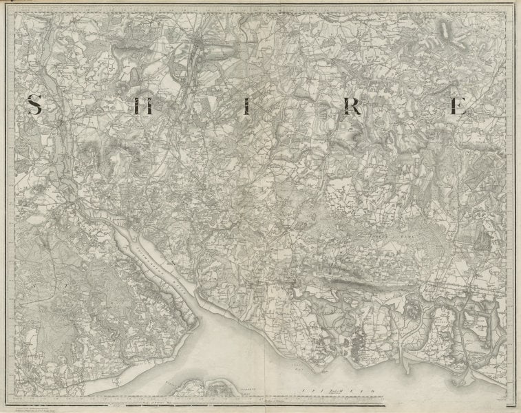 Hampshire south. Winchester Southampton. OS sheet map 63x79cm. MUDGE 1882: [Sheet 11 - Hampshire]. Large detailed map of the area around Portsmouth and Southampton, reaching north to Petersfield, Winchester and Romsey, east to Hayling Island, and west to Lymington. West Cowe