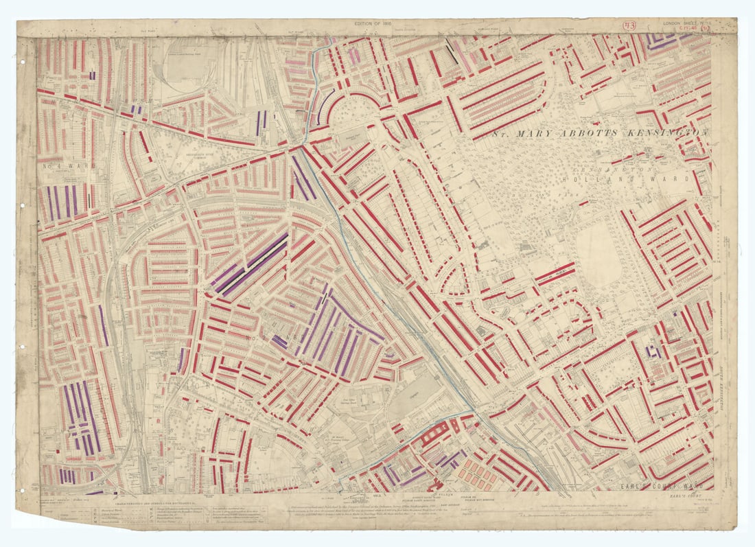 LSE POVERTY OS PROOF MAP Holland Park Shepherds Bush Olympia Hammersmith 1928: [Ordnance Survey] Edition of 1916 - London Sheet IV. 15. Holland Park - Shepherds Bush - Kensington - Olympia - Hammersmith - Brook Green. An original unpublished “poverty map” working