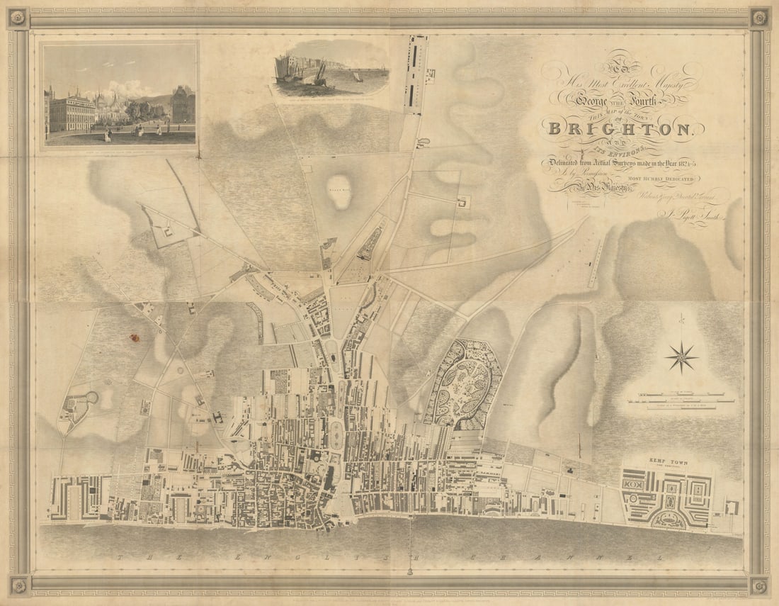 Brighton & its environs by J. Pigott-Smith. 4 sheets. 112x144cm. Scarce 1826 map: To His Most Excellent Majesty George the Fourth, this map of the Town of Brighton and its environs, delineated from Actual Surveys made in the Year 1824-5, is by permission Most Humbly Dedicated, by H