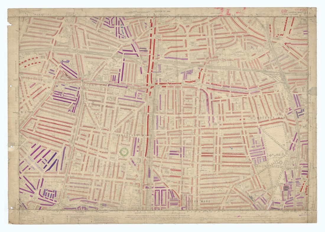 LSE POVERTY OS PROOF MAP Hackney Downs - Kingsland - Dalston - Haggerston 1928: [Ordnance Survey] Edition of 1916 - London Sheet V. 3. Hackney - Kingsland - Dalston - Haggerston. An original unpublished “poverty map” working proof sheet, apparently preparatory to the 