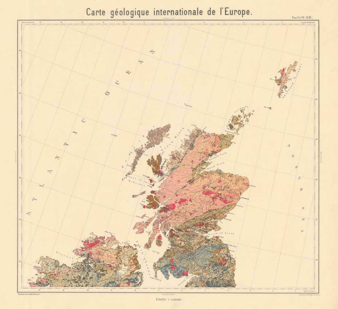 Geological map Northern British Isles. Scotland. Northern Ireland BEYSCHLAG 1898: Carte géologique internationale de l'Europe - Feuille 16 (BIII) - [Northern British Isles - Scotland, Northern Ireland]. One of a series of geological map sheets together covering the continent o