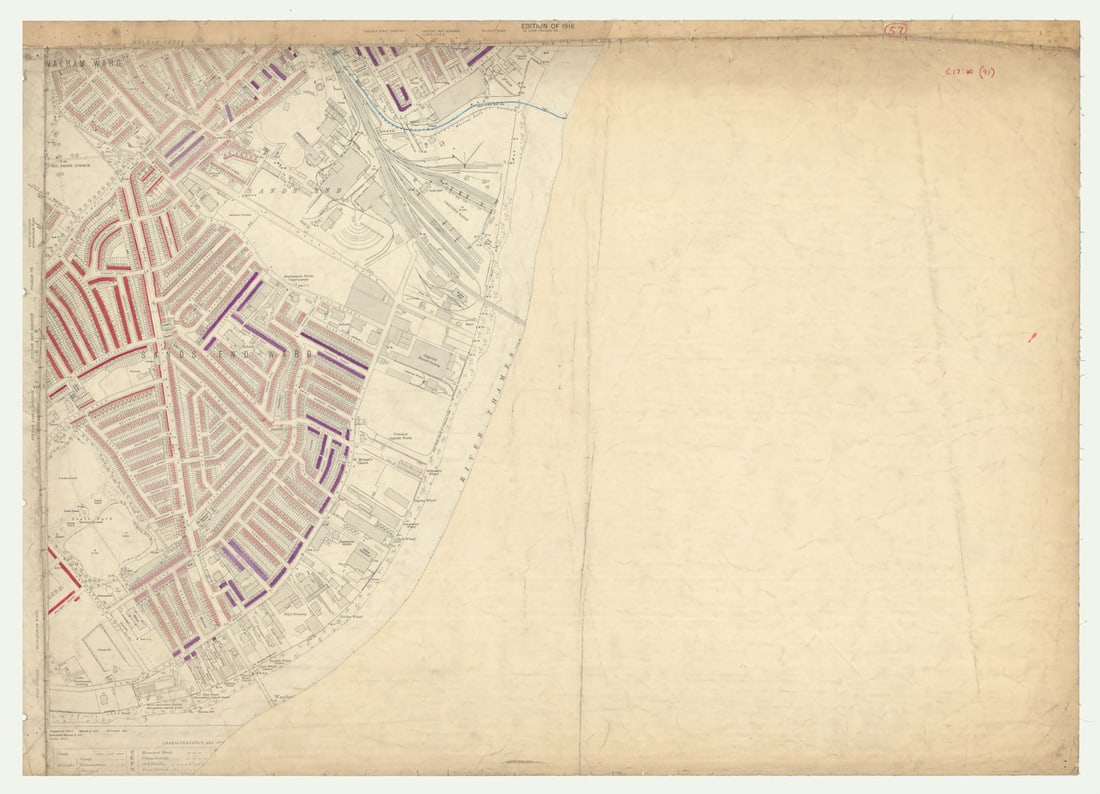 LSE POVERTY OS PROOF MAP Chelsea Harbour - Sands End - Walham - Fulham 1928: [Ordnance Survey] Edition of 1916 - London Sheet VIII. 8. Chelsea Harbour - Sands End - Walham - Eel Brook Common - Fulham Broadway. An original unpublished “poverty map” working proof she