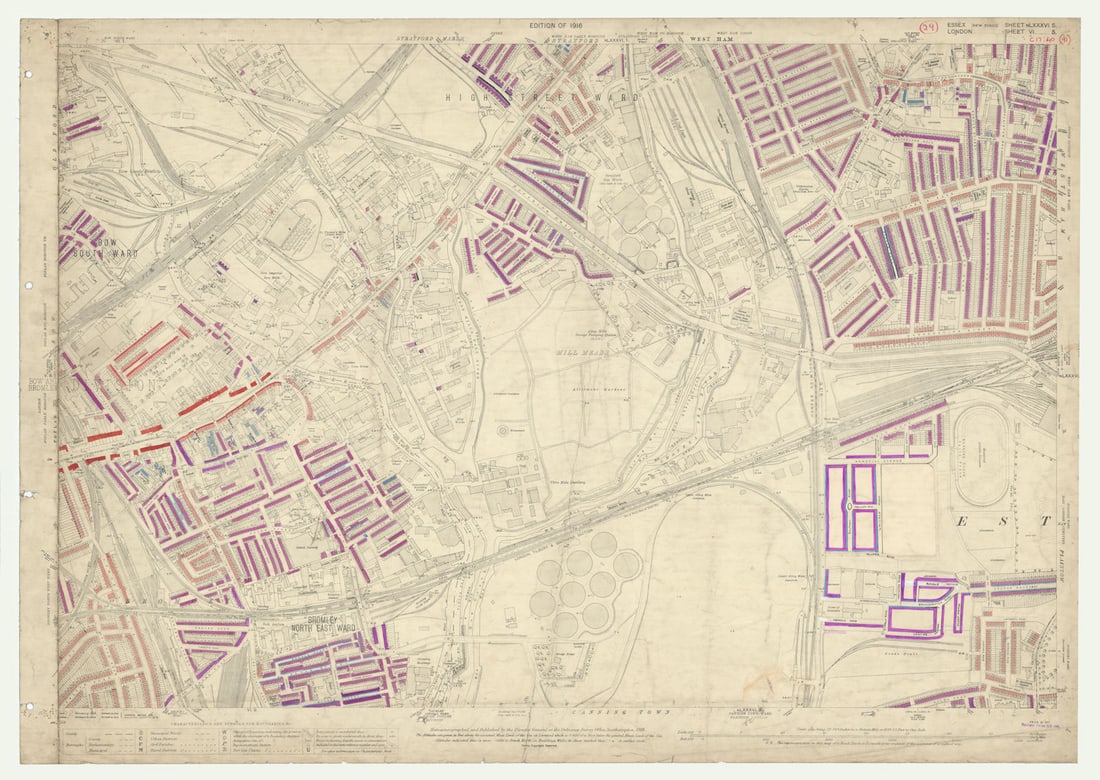 LSE POVERTY OS PROOF MAP Bromley-by-Bow - West Ham - Stratford 1928 old: [Ordnance Survey] Edition of 1916 - Essex [New Series] Sheet NLXXXVI. 5. London Sheet VI. 5. Bromley-by-Bow - Mill Meads - West Ham - Stratford. An original unpublished “poverty map” worki