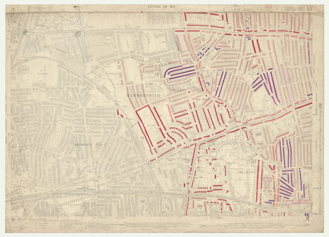 LSE POVERTY OS PROOF MAP Hammersmith Ravenscourt Park Shepherds Bush 1928: [Ordnance Survey] Edition of 1915 - London Sheet IV. 14. Middlesex Sheet XVI. 14. Hammersmith - Bedford Park - Ravenscourt Park - Stamford Brook - Shepherds Bush. An original unpublished “povert