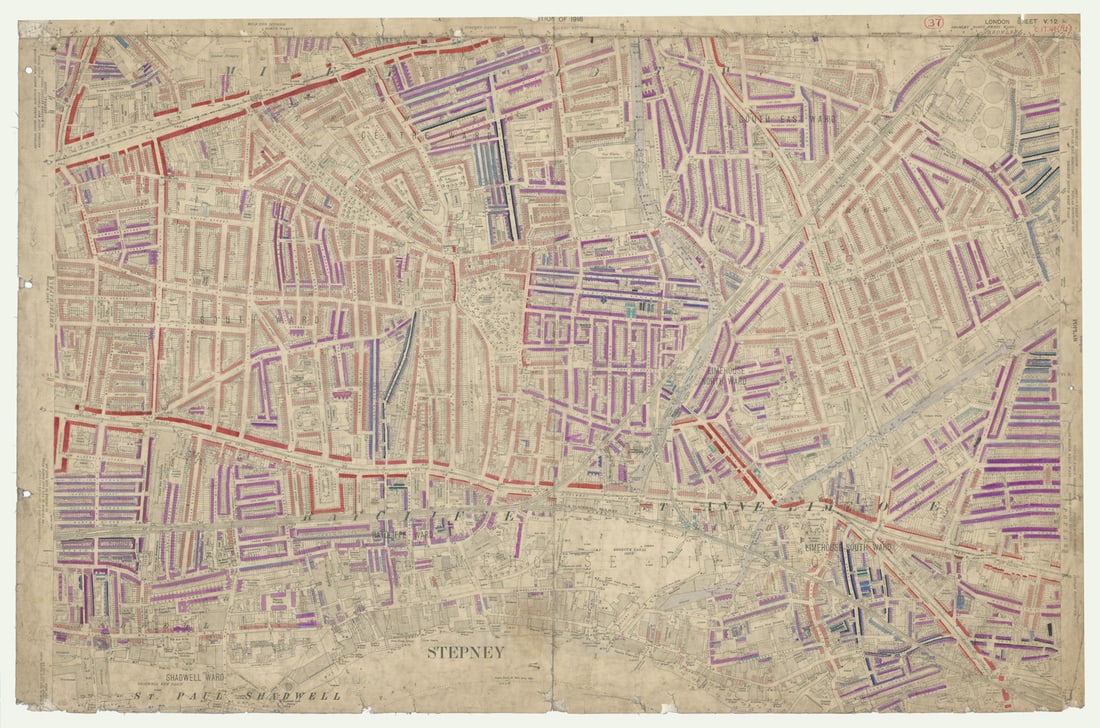 LSE POVERTY OS PROOF MAP East End - Limehouse - Shadwell - Wapping 1928: [Ordnance Survey] Edition of 1916 - London Sheet V. 12. East End - Limehouse - Shadwell - Wapping - Stepney Green -. An original unpublished “poverty map” working proof sheet, apparently p