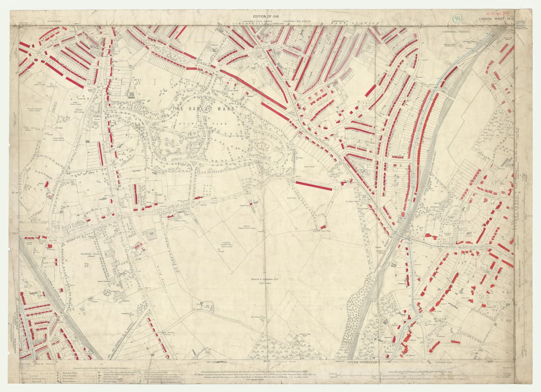 LSE POVERTY OS PROOF MAP Dulwich - Camberwell Cemetery - Upper Sydenham 1928: [Ordnance Survey] Edition of 1916 - London Sheet IX. 15. Dulwich - Camberwell Cemetery - Upper Sydenham. An original unpublished “poverty map” working proof sheet, apparently preparatory t