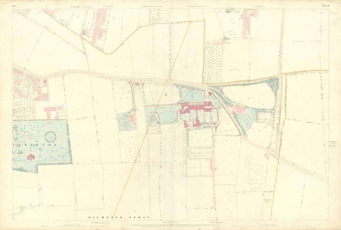 City of York #16 Cemetery The Retreat Walmgate Stray University. OS 1852 map: City of York - Sheet 16 - [Cemetery - Low Moor Allotments - The Retreat - Walmgate Stray - University of York Campus - Lawrence Street - Heslington Road - Fulford Road]. Large scale map sheet of part 