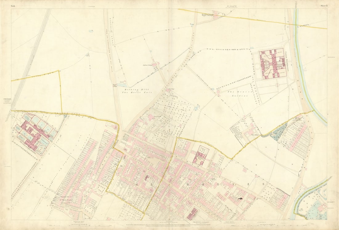 City of York #5 Groves Bootham Park Hospital St. John's Heworth. OS 1852 map: City of York - Sheet 5 - [The Groves - York Hospital - North of Lord Mayor's Walk - Bootham Park Hospital - St. John's Campus - Heworth North]. Large scale map sheet of part of the City of York, Engla