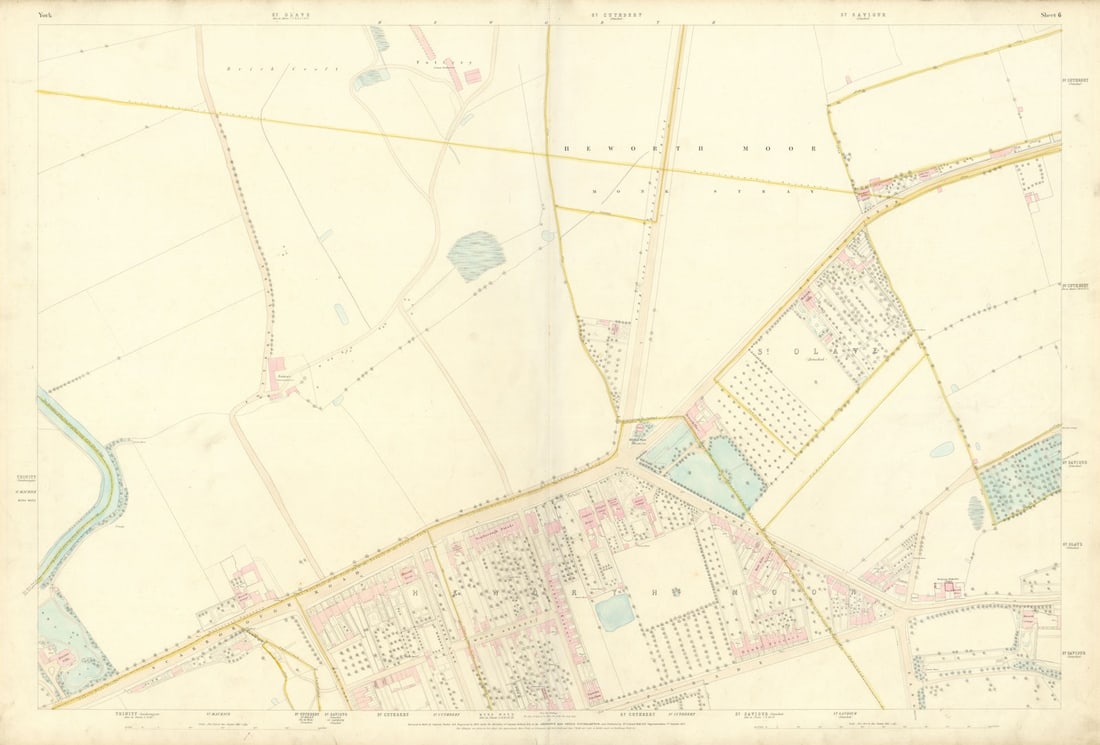 City of York #6 Heworth Monk Stray Layerthorpe. Ordnance Survey 1852 old map: City of York - Sheet 6 - [Heworth - Monk Stray - Layerthorpe]. Large scale map sheet of part of the City of York, England. The survey was conducted 1849 and 1851 by Captain Tucker R.E. for the
