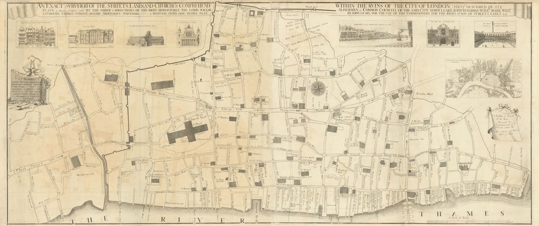 An Exact Surveigh of the Streets… City of London Fire map by John Leake 1723: An Exact Surveigh of the Streets, Lanes and Churches Comprehendd. within the Ruins of the City of London. First Described in Six Plats, 10 Decemr. Ao. Domi 1666, by the Order & Directions of the R