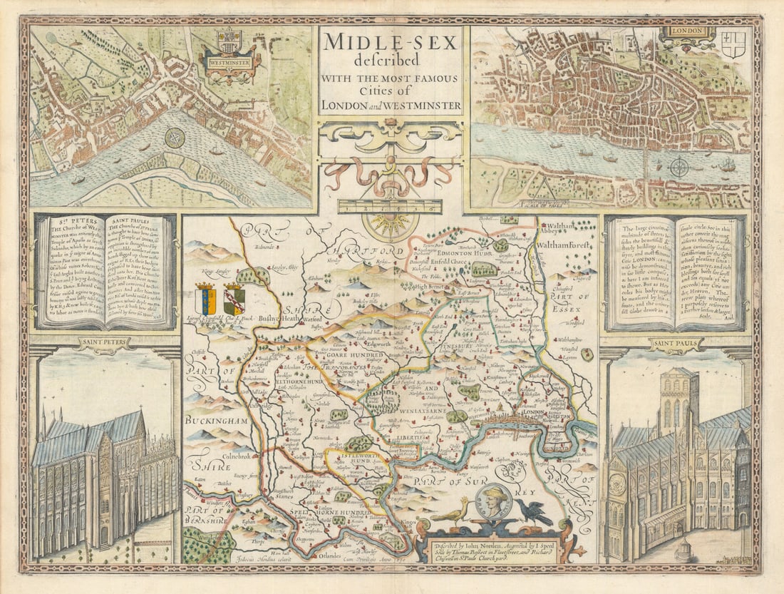 Midle-sex [with] London & Westminster. Speed county map. Bassett & Chiswell 1676: Midle-sex described with the most famous Cities of London and Westminster'. Described by John Norden. Augmented by J. Speed. Solde by Thomas Bassett in Fleet Street, and Richard Chiswell in St. Paul's