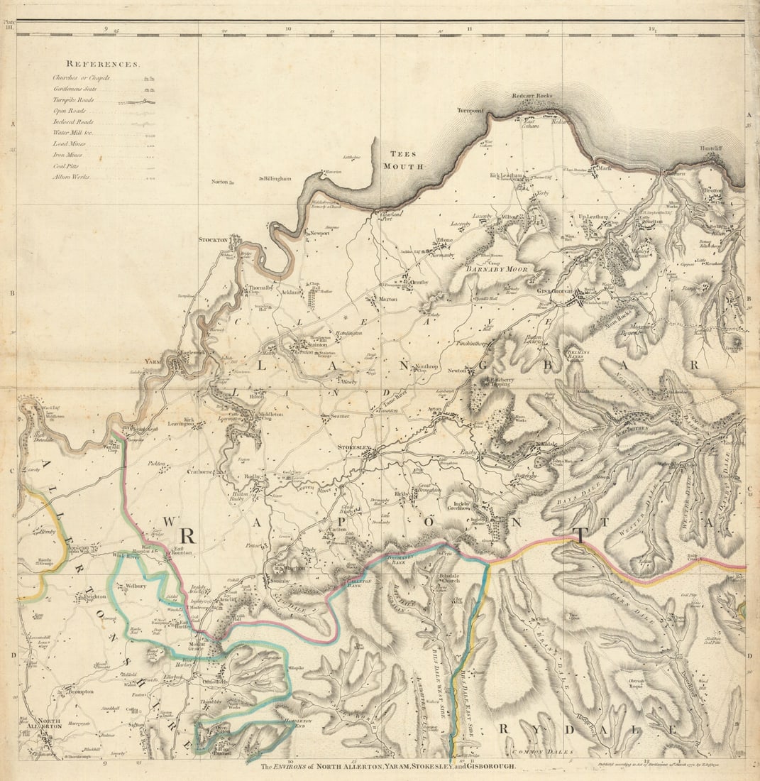 North York Moors & Teeside. Middlesbrough & Northallerton. T. Jefferys 1772 map: The Environs of North Allerton, Yarm, Stokesley and G[u]isborough. A beautiful and highly detailed topographical map of part of the North Riding of Yorkshire. Wapentakes are delineated in outline colo