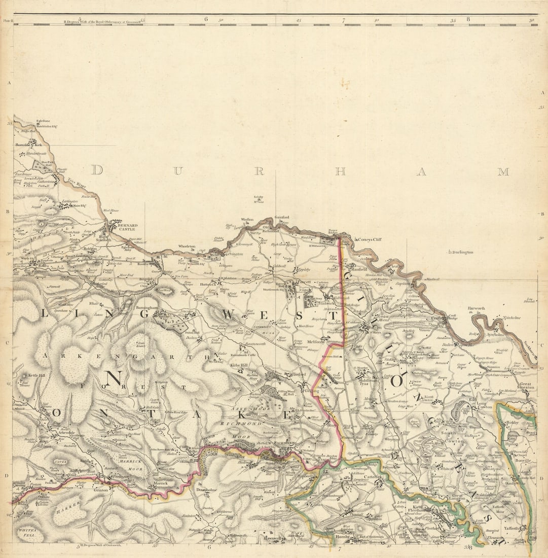 North Yorkshire. Barnard Castle & Richmond environs by Thomas Jefferys 1772 map: [The Environs of Barnard Castle and Richmond]. A beautiful and highly detailed topographical map of part of the North Riding of Yorkshire. Wapentakes are delineated in outline colour. Churches and