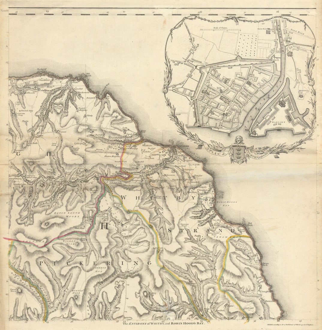 Kingston-upon-Hull town city plan & North York Moors. Whitby. Jefferys 1772 map: The Environs of Whitby and Robin Hood's Bay // A Plan of Kingston upon Hull'. A beautiful and highly detailed topographical map of part of the North Riding of Yorkshire. Wapentakes are delineated in o