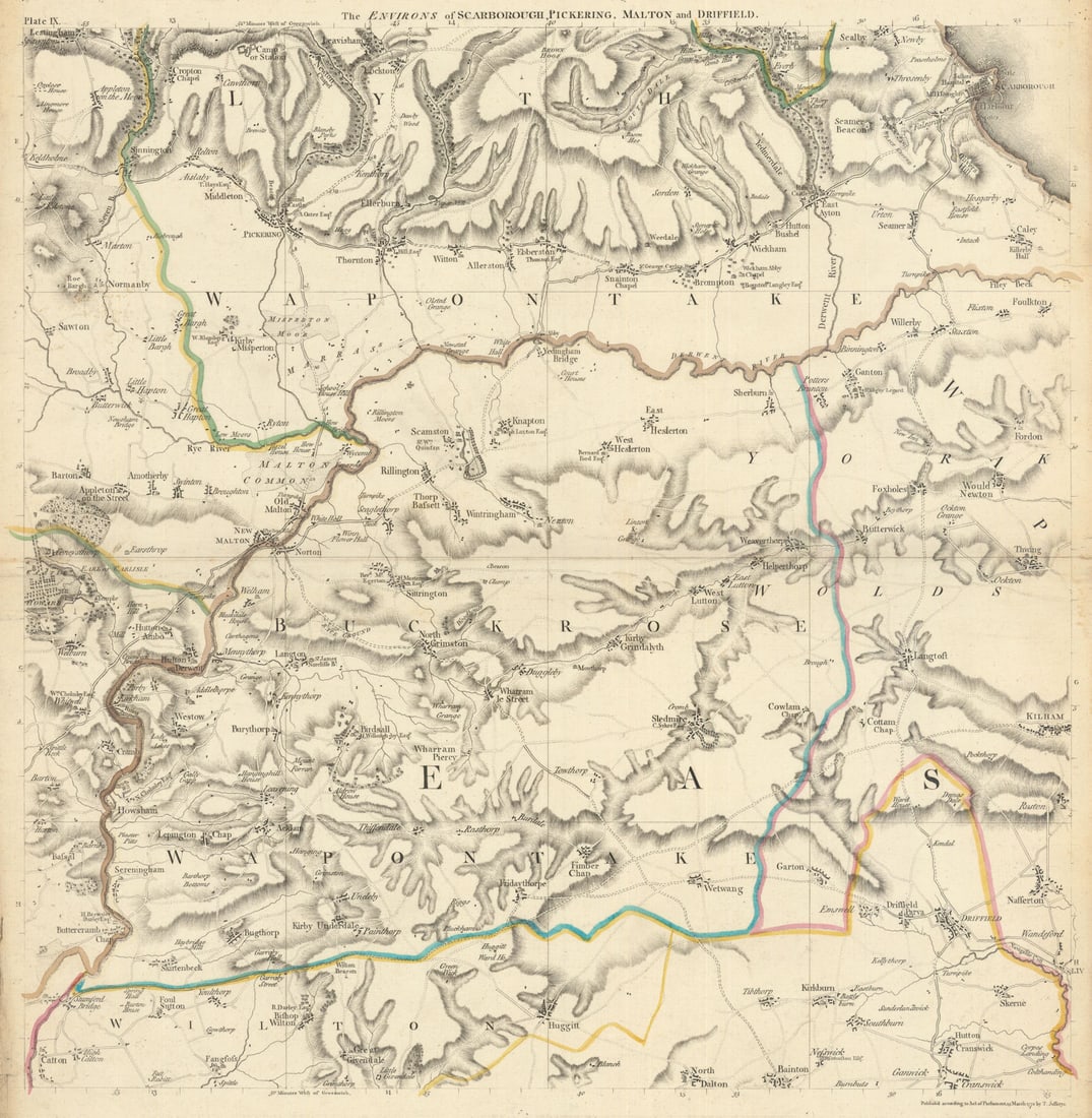 North York Moors & Yorkshire Wolds. Scarborough & Pickering. Jefferys 1772 map: The Environs of Scarborough, Pickering, Malton and Driffield'. A beautiful and highly detailed topographical map of part of the North and East Ridings of Yorkshire. Wapentakes are delineated in outlin