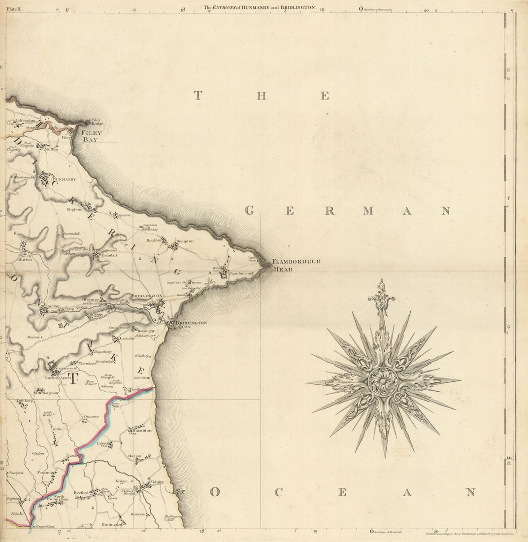 Yorkshire coast. Filey, Bridlington & Flamborough Head. Thomas Jefferys 1772 map: The Environs of Hunmanby and Bridlington'. A beautiful and highly detailed topographical map of part of the East Riding of Yorkshire. Wapentakes are delineated in outline colour. Churches and Gentlema