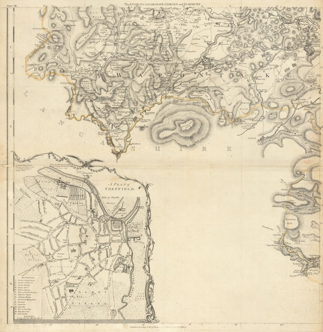 Sheffield city plan & West Yorkshire. Gargrave & Gisburn. T. Jefferys 1772 map: The Environs of Gargrave, Gisburn and Slaidburn // A Plan of Sheffield'. A beautiful and highly detailed topographical map of part of the West Riding of Yorkshire. Wapentakes are delineated in outline
