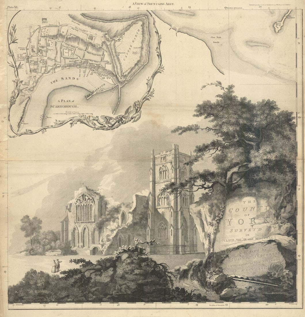Scarborough city plan. Fountains Abbey. The County of York… Jefferys 1772 map: The County of York Survey'd in MDCCLXVII, VIII, IX and MDCCLXX, engraved by Thomas Jefferys, Geographer to His Majesty MDCCLXXI // [A View of Fountains Abbey] // A Plan of Scarborough. The title sheet
