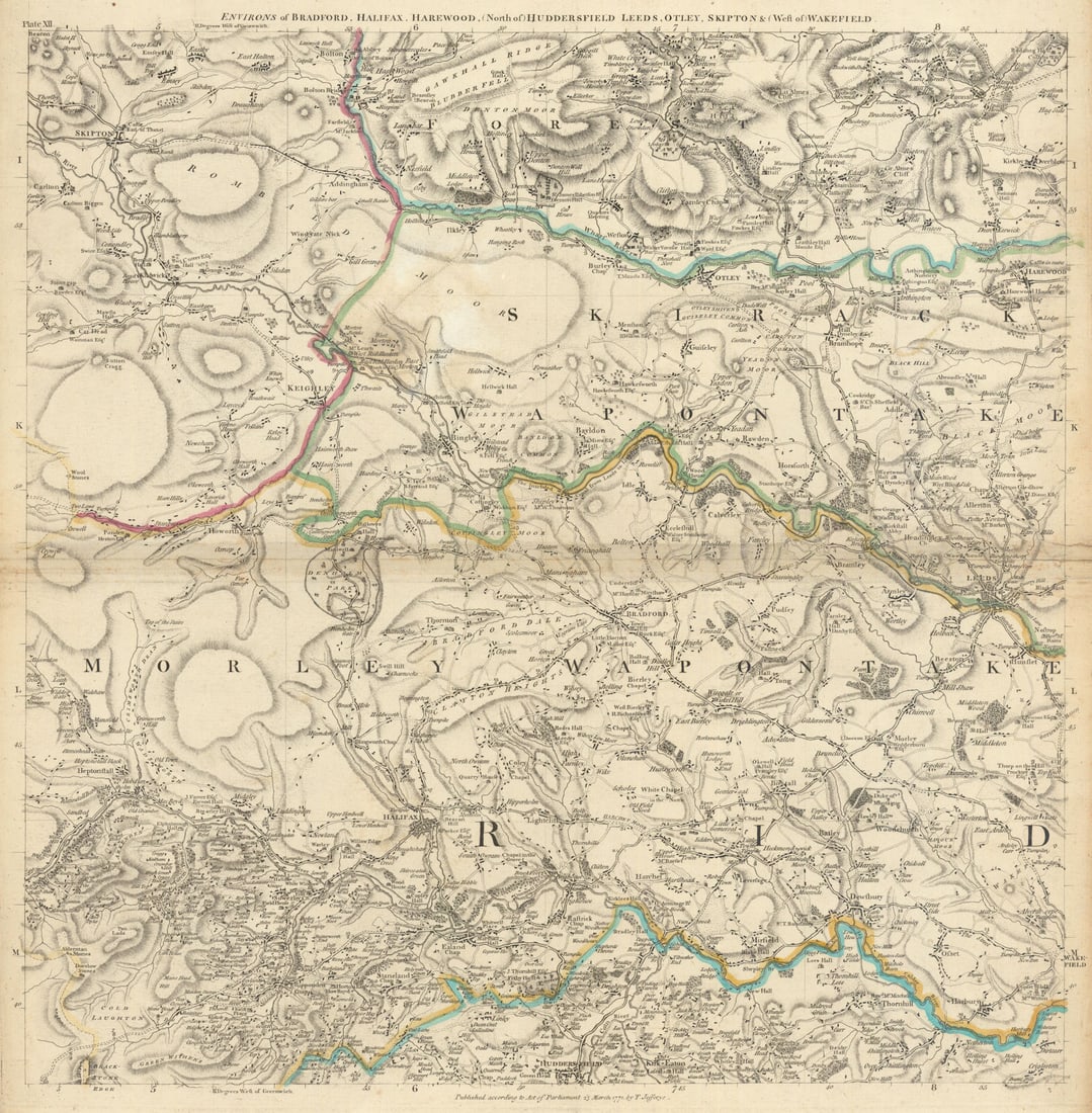 West Yorkshire. Bradford, Halifax, Huddersfield & Leeds. T. Jefferys 1772 map: The Environs of Bradford, Halifax, Harewood, (North of) Huddersfield, Leeds, Otley, Skipton & (West of) Wakefield'. A beautiful and highly detailed topographical map of part of the West Riding of 