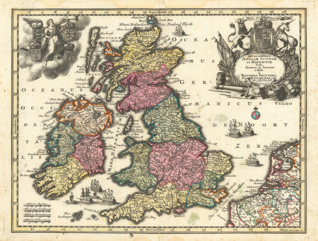 Accuratissima Angliae Scotiae et Hiberniae. British Isles by Seutter c1744 map: Accuratissima Angliae Scotiae et Hiberniae Tab. Demio in lucem edita a Matthaeo Seuttero S.C.M. Geogr. Aug. Vind. C. Pr. S.R.I. Vicariat. [Most accurate map of England, Scotland, and Ireland]. Antique
