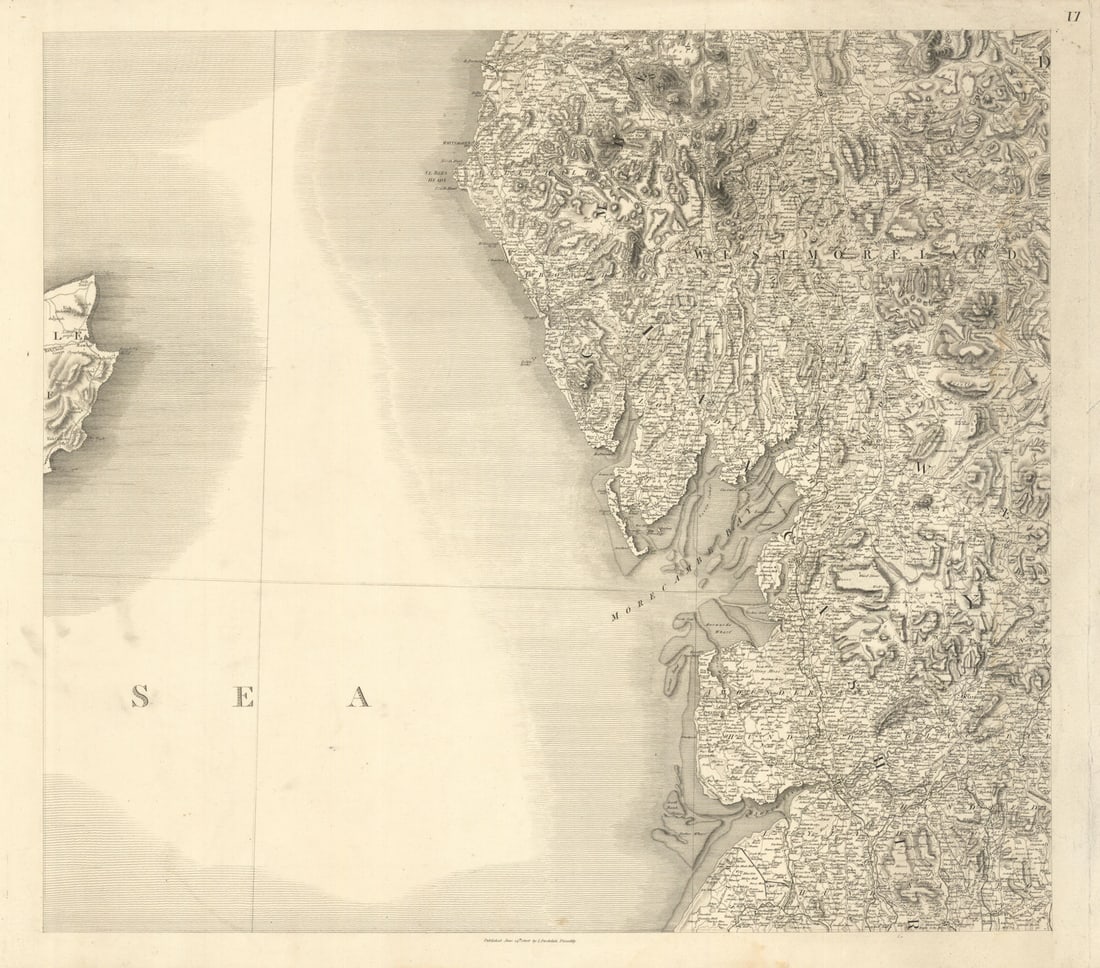#6 Cumbria & Lancashire coast. Morecambe Bay. Lake District. Stockdale 1809 map: [Sheet VI – Northwestern England coast]. Sheet VI – Northwestern England coast – Lancashire, Cumbria and Westmorland. The Lake District and Morecambe Bay; islands of Walney and