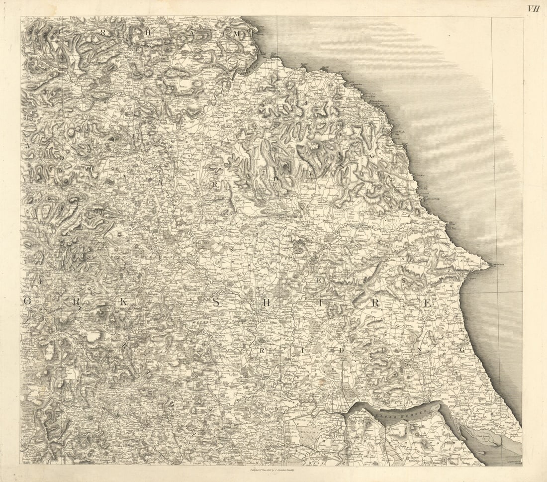 #7 Yorkshire, the Humber Estuary & Teesside. Stockdale 1809 old antique map: [Sheet VII – Yorkshire and Humber Estuary]. Sheet VII – Yorkshire and Humber Estuary – Extensive depiction of Yorkshire from Teeside and Hartlepool south to Hull and the Humber estua