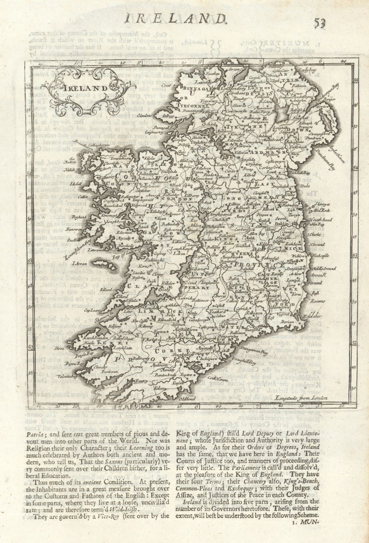 Ireland by Herman Moll 1701 old antique vintage map plan chart: Ireland'. The coach roads and counties are shown by Moll, Herman. Published 1701. Antique copperplate map. Size 30 x 20 cm | 11.5 x 7.5 inches. Condition: Good; suitable for framing. Please check the 