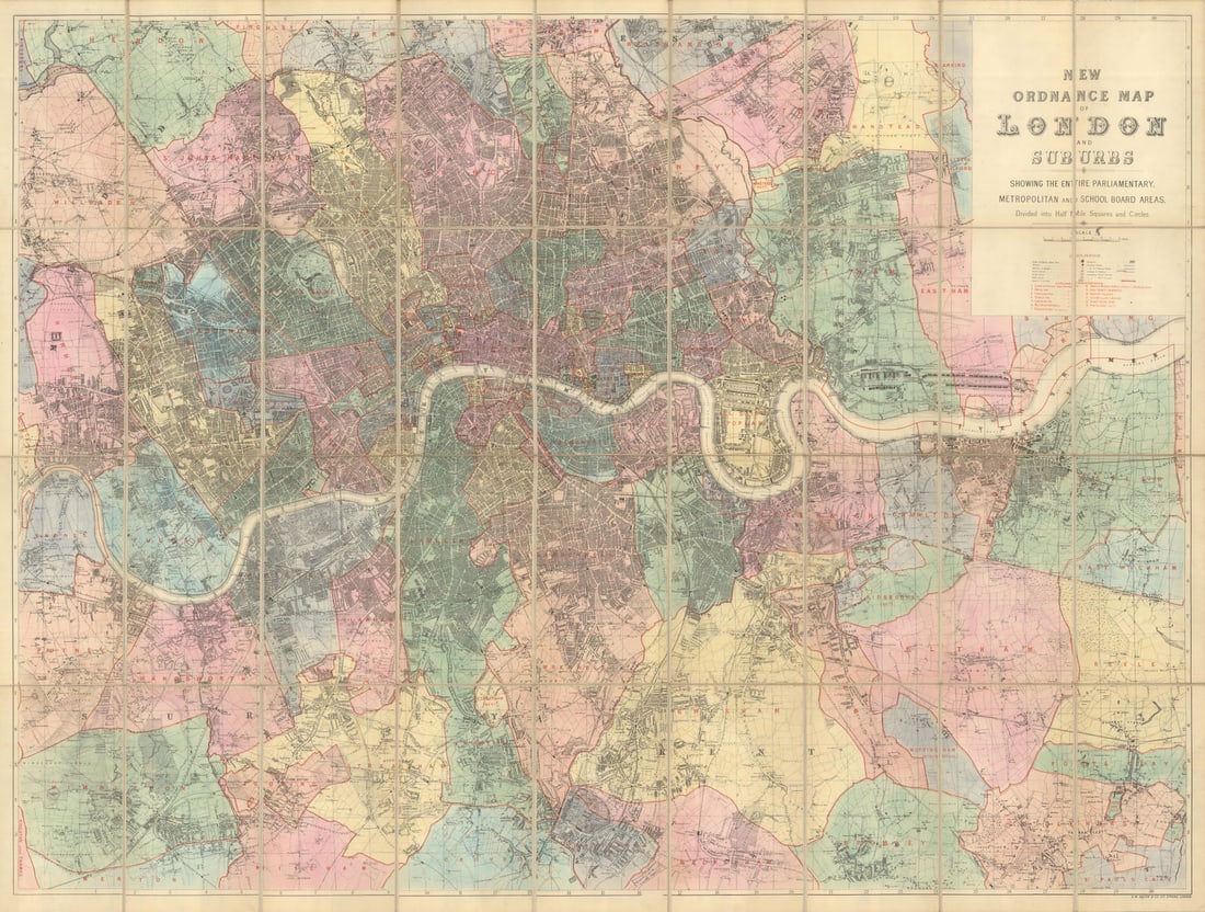 New Ordnance Parish Map of London and Suburbs by George Bacon 78x104cm c1883: New Ordnance [Parish] Map of London and Suburbs showing the entire Parliamentary, Metropolitan and School Board Areas by Bacon, George Washington & Co. Published Undated but circa 1883. Antique colour