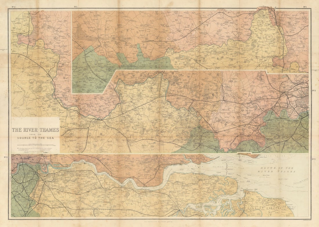 The River Thames from its Source to the Sea. Thames Valley. W.H. Smith c1877 map: The River Thames from its Source to the Sea'. An attractive colour map of the Thames Valley comprising three strip maps. The upper strip runs from Cirencester to Oxford; the central strip follows the 