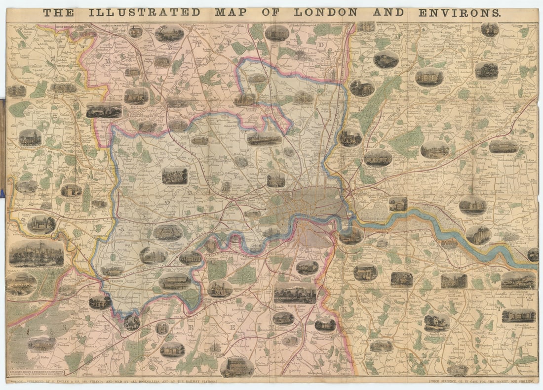 The Illustrated Map of London and Suburbs by John Dower. Pictorial map c1857: The Illustrated Map of London and Suburbs'. An attractive folding pictorial map of London and the surrounding area from Windsor to Gravesend and Hemel Hempstead south to Epsom, in original wash and ou