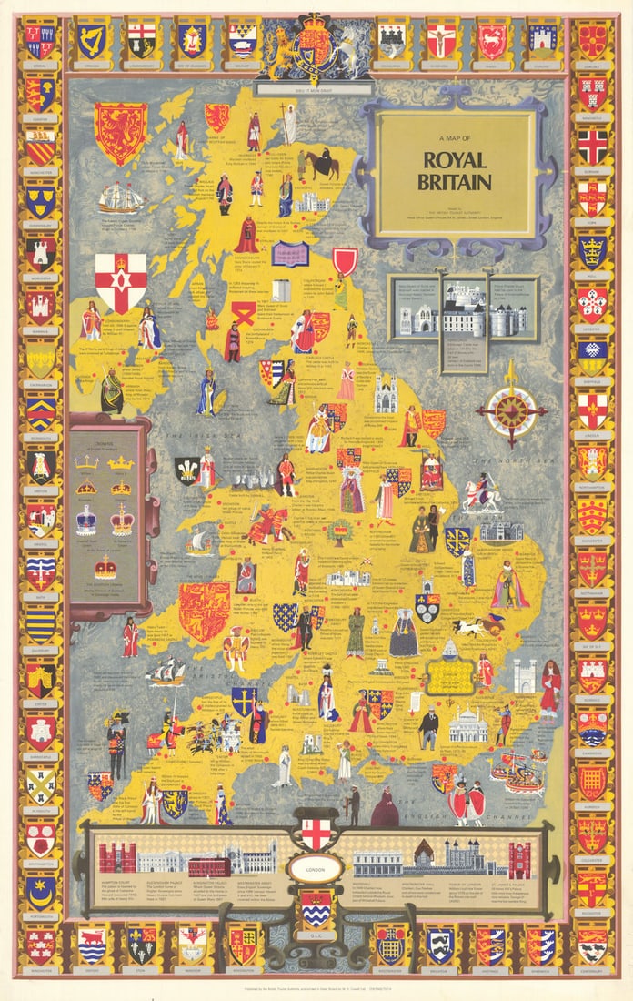 A Map of Royal Britain. Kempster & Evans/British Tourist Authority poster 1972: A Map of Royal Britain'. Designed by Kempster and Evans. Published 1972. Vintage colour travel promotional poster map. Size 100 x 63 cm | 39.0 x 25.0 inches. Condition: Good; suitable for framing. Ver