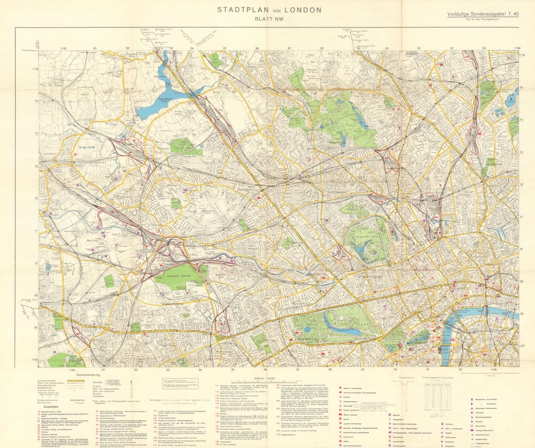 Stadtplan von London. Blatt NW. Nazi Mil.-Geo. Sealion invasion map. July 1940: Stadtplan von London - Blatt NW [London city plan - northwest sheet]. A German military intelligence map produced during the early planning for Operation Seelöwe (Sea Lion), the intended Nazi