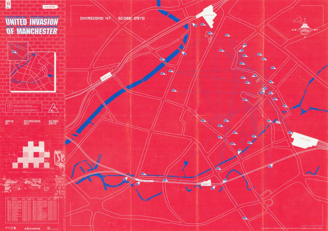 United Invasion of Manchester Street artist Invader Map 13 mosaic locations 2004: United Invasion of Manchester [Map 13]. Invader (French street artist). Published June 2004. A colour folding city plan showing the locations of all the mosaic street artworks installed by the artist 