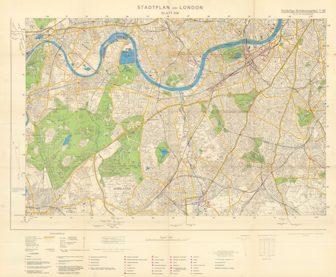 Stadtplan von London. Blatt SW. Nazi Mil.-Geo. Sealion invasion map. July 1940: Stadtplan von London - Blatt SW [London city plan - southwest sheet]. A German military intelligence map produced during the early planning for Operation Seelöwe (Sea Lion), the intended Nazi