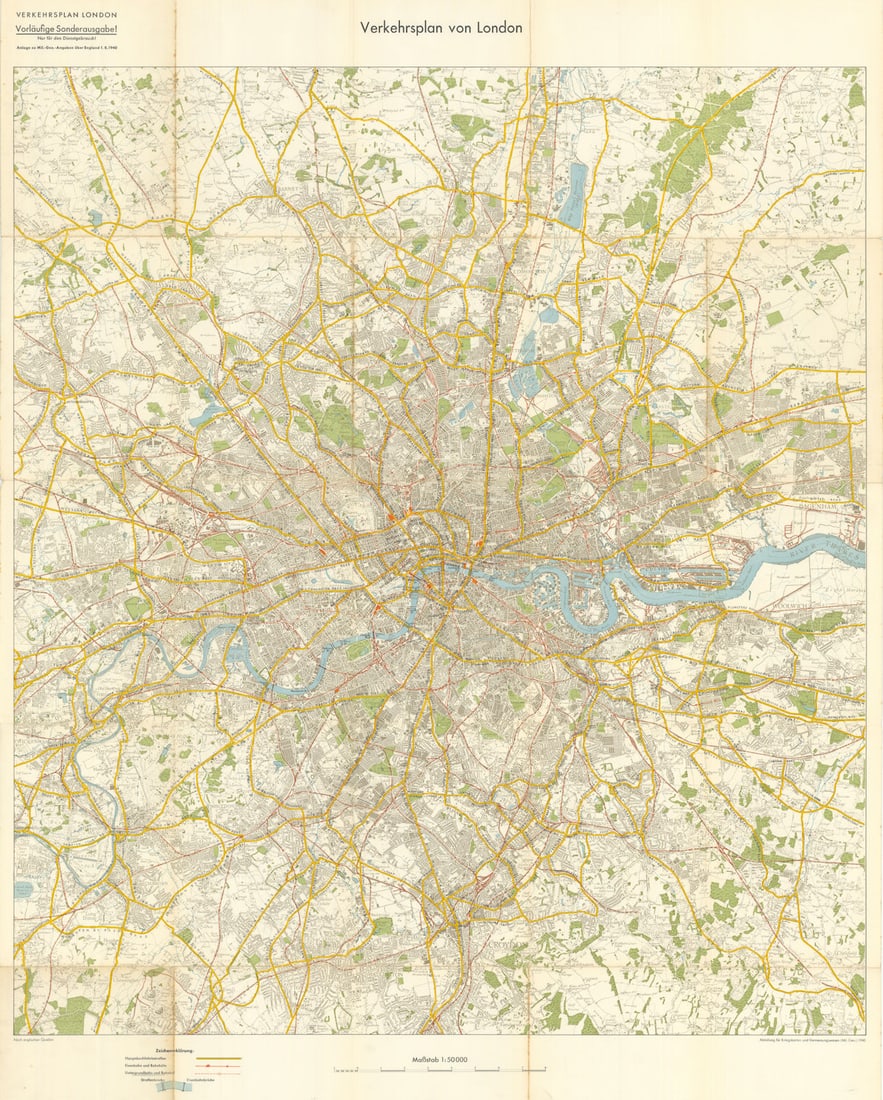 Verkehrsplan von London. Nazi Mil-Geo Sealion invasion transport map. Aug 1940: Verkehrsplan von London [Transport plan of London]. A German military intelligence map produced during the planning for Operation Seelöwe (Sea Lion), the intended Nazi invasion of England,