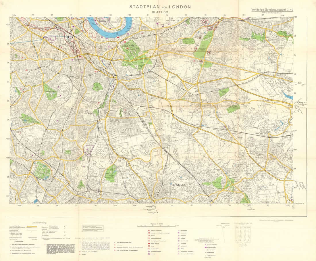 Stadtplan von London. Blatt SO. Nazi Mil.-Geo. Sealion invasion map. July 1940: Stadtplan von London - Blatt SO [London city plan - southeast sheet]. A German military intelligence map produced during the early planning for Operation Seelöwe (Sea Lion), the intended Nazi