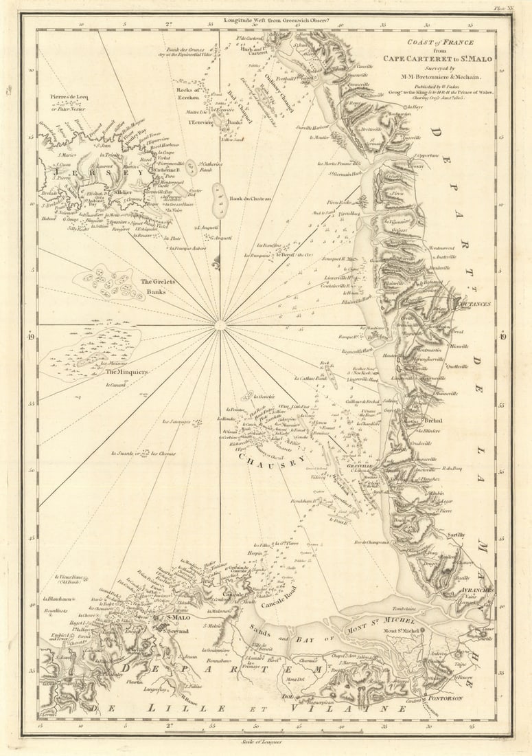 Coast of France—Cape Carteret to St.-Malo. Jersey Mont St-Michel. Faden 1805 map: Coast of France from Cape Carteret to St. Malo'. Originally published in "Le Petit Neptune Français; or, French Coasting Pilot", a British naval intelligence atlas compiled and published by Willi