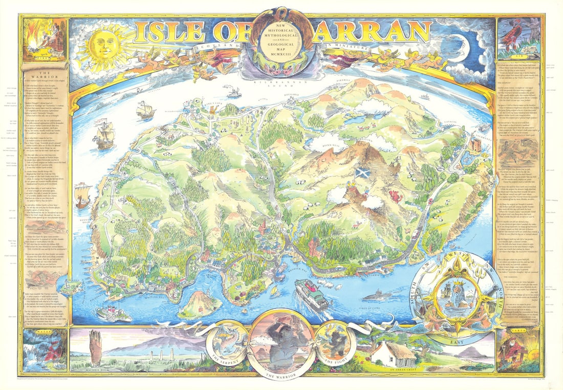 Isle of Arran—New Historical Mythological & Geological Map—Tony van Breugel 1993: Isle of Arran—New Historical Mythological and Geological Map'. A large colour pictorial bird’s-eye-view map of the Isle of Arran, richly illustrated with topography, settlements, geology,