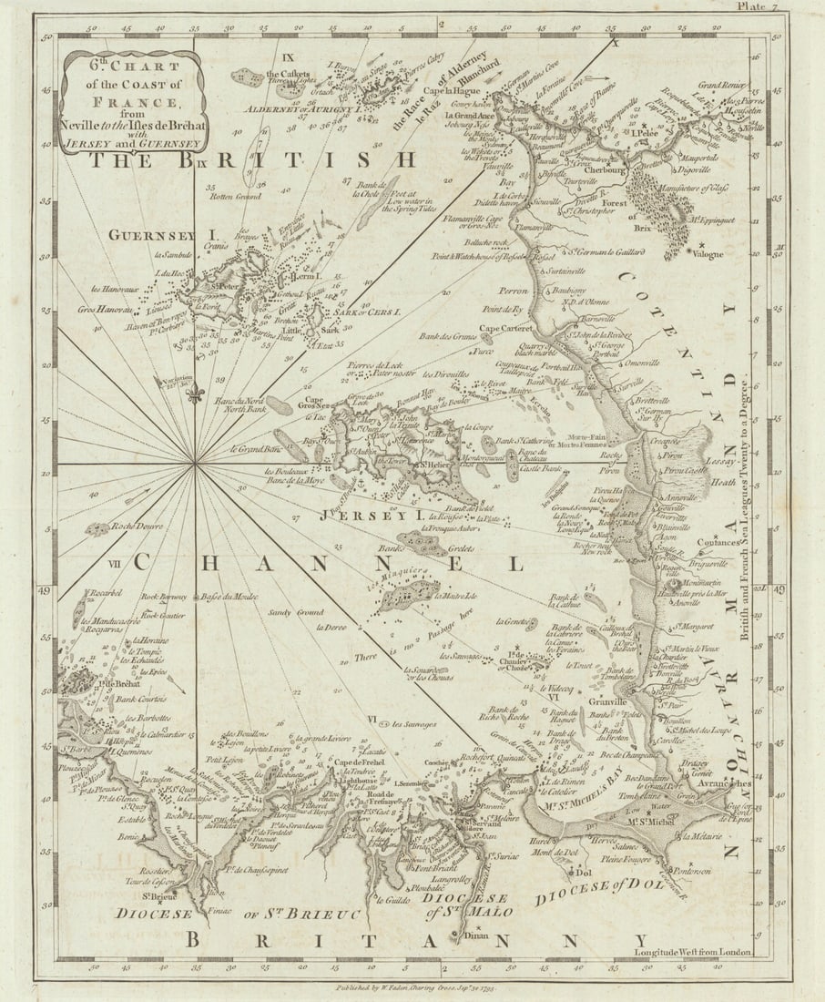 Coast of France—Neville to Île-de-Bréhat. Channel Islands—Manche. Faden 1793: 6th Chart of the Coast of France, from Neville to the Isles de Bréhat, with Jersey and Guernsey'. Originally published in "Le Petit Neptune Français; or, French Coasting Pilot", a British na