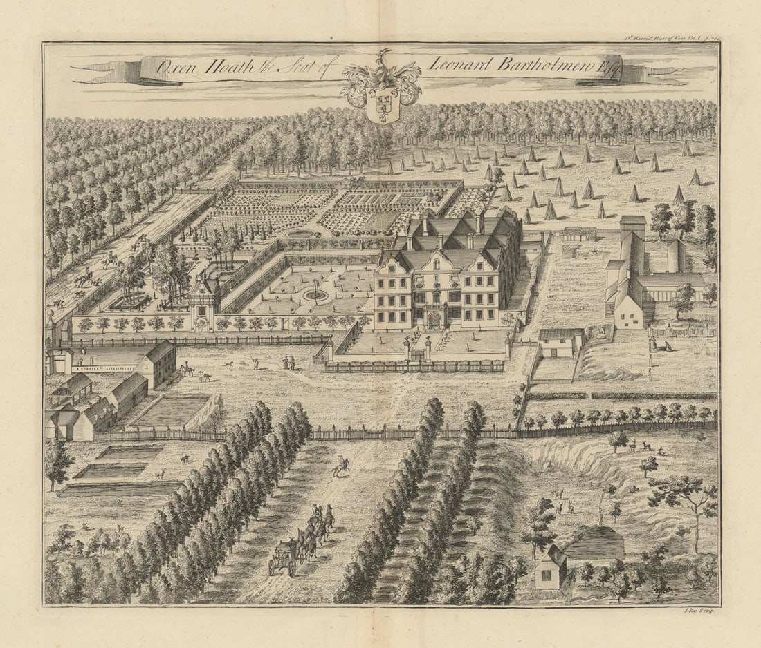 Oxon Hoath, the Seat of Leonard Bartholmew Esq.—Hadlow, Tonbridge, Kent—Kip 1719: Oxen Hoath, the Seat of Leonard Bartholmew Esq.'. Oxen Hoath, Hadlow, Tonbridge, Kent TN11 9SS. Used as events / retreat / venue hire. The view shows the original Jacobean house. The house is known