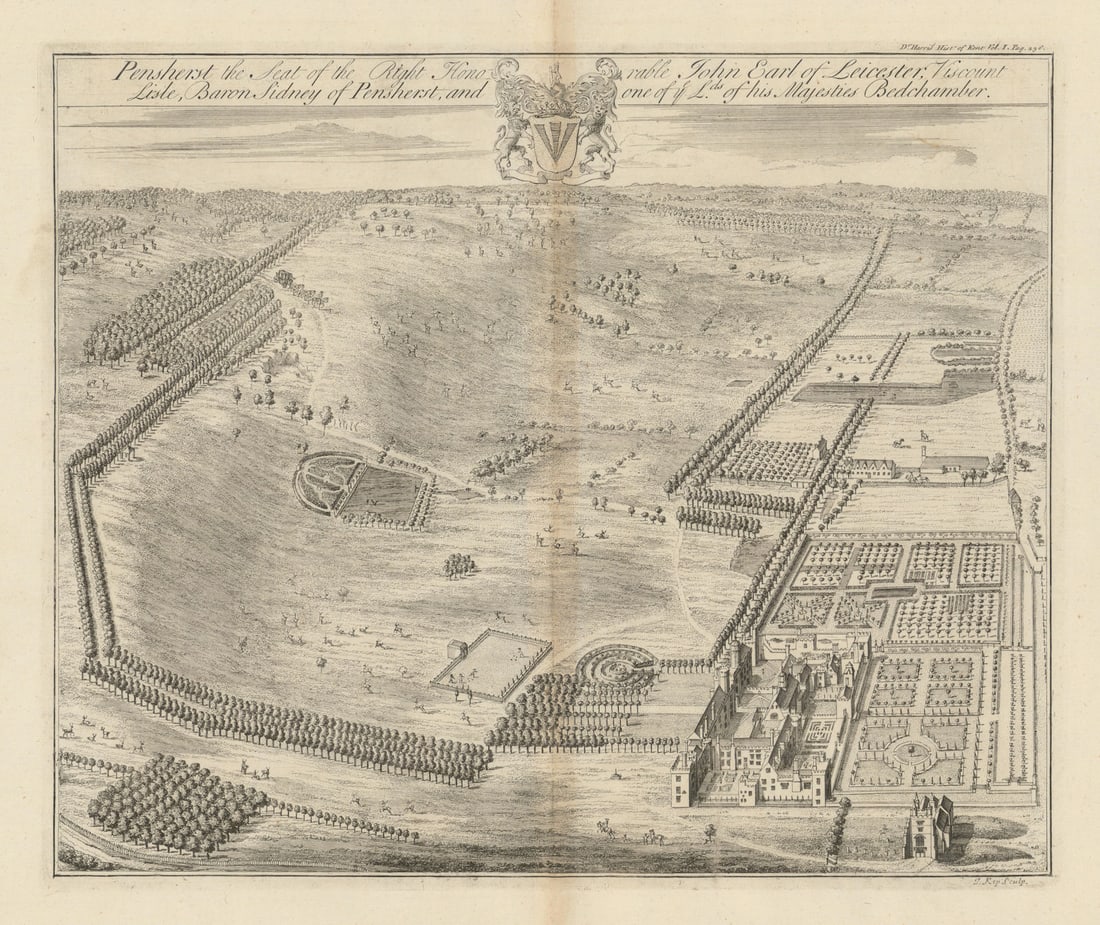 Penshurst Place, Seat of Rt. Hon. John Earl of Leicester—Tonbridge—Kip 1719: Pensherst, the Seat of the Right Honorable John Earl of Leicester, Viscount Lisle, Baron Sidney of Penherst, and one of ye L[or]ds of His Majesties Bedchamber.. Penshurst Place, Penshurst, Tonbridge,