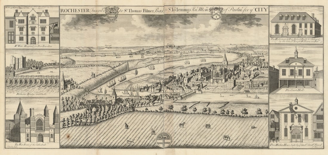 Large panoramic view of Rochester, Chatham & Strood by Badeslade & Harris 1719: Rochester inscrib'd to Sr. Thomas Palmer Bart & Sr. Jon. Jennings Knt. Mem[be]rs. of Parl[ia]m[en]t for ye City.. A large and finely engraved prospect of Rochester, Chatham and Strood, viewed