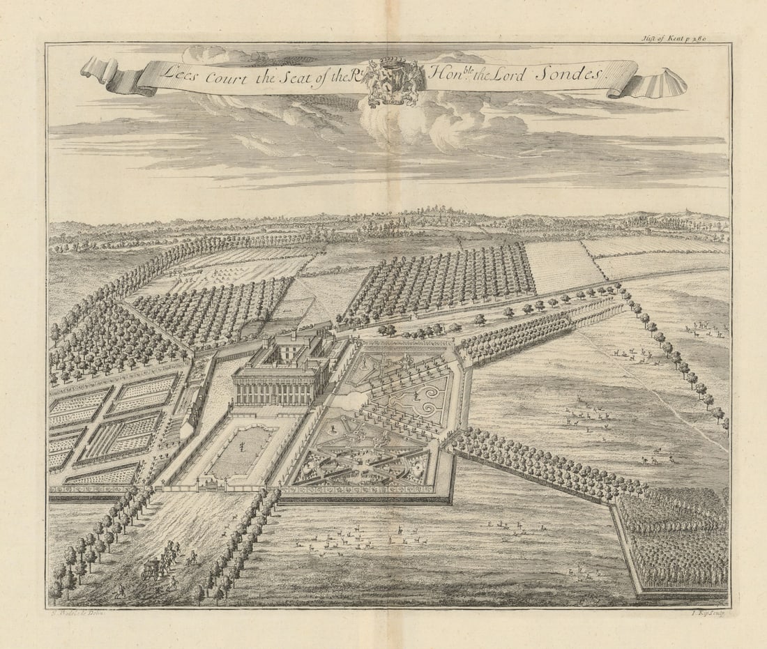 Lees Court, Seat of… The Lord Sondes, Sheldwich—Inigo Jones—Badeslade & Kip 1719: Lees Court, the Seat of the Rt Honble. The Lord Sondes'. Lees Court, Sheldwich, near Canterbury, Kent. The original house was built 1650–1652 to designs attributed to Inigo Jones for Sir George 