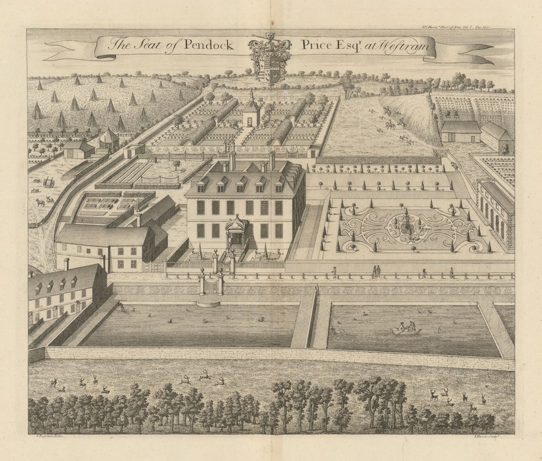 Morants Court, Chevening—Seat of Pendock Price Esq.—Badeslade & Harris 1719: The Seat of Pendock Price Esqr. at Westram'. Morants Court, Chevening (close to Westerham) is a manor of medieval origin, first recorded in 1272 in a land grant signed by William Moraunt. Enlarged in 